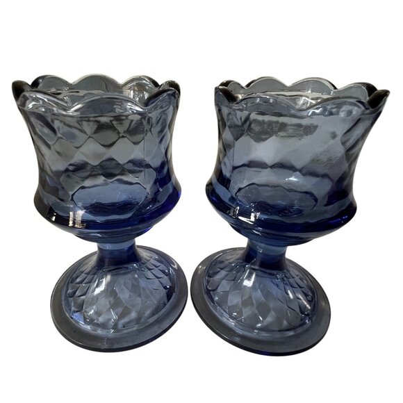 Vtg 2 Fenton Blue Pedestal Glass Candle Holders Diamond Optic Scalloped Rim - Picture 1 of 12